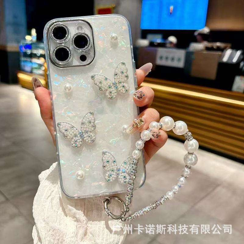 レンズフィルム付きシェル柄蝶々 Apple 17/16 Pro Max用スマホケース 12/13 パール14 高級|undefined