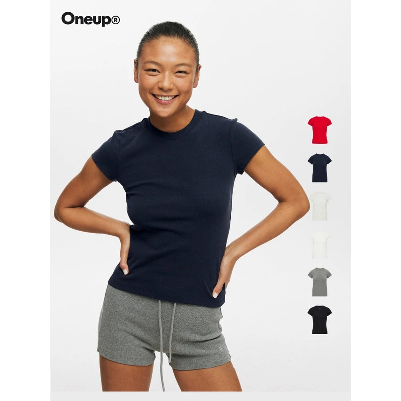 Oneup American Basic Straight-Shoulder Stretch T-Shirt 2026 New Summer Slim-Fit Black Casual Top Short-Sleeved # 4658J Oneup American Basic Straight-Shoulder Stretch T-Shirt 2026 New Summer Slim-Fit Black Casual Top Short-Sleeved # 4658J