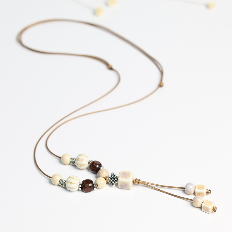 Jingdezhen Ceramic Necklace Beaded Pendant Sweater Chain for Women with Artistic Temperament, Handmade Woven Ceramic Clavicle Chain