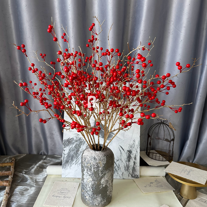 冬青紅果發財果仿真花擺設客廳乾花假花紅漿果相思豆裝飾花藝擺件