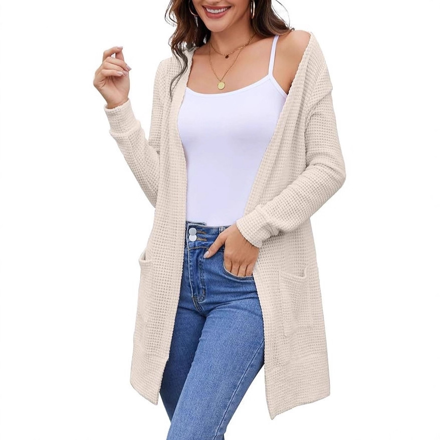 女式开衫毛衣轻质开襟华夫格针织开衫女式休闲宽松秋季服装