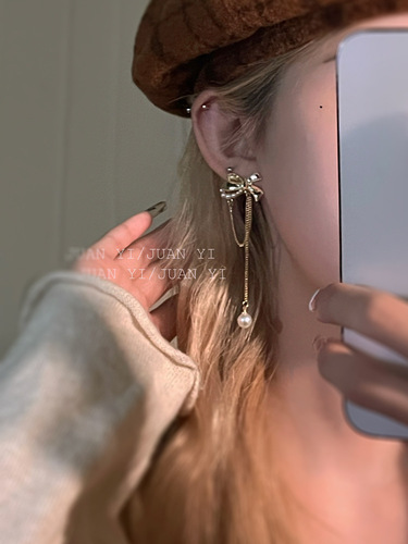 925 silver needle pearl bow tassel earrings Korean sweet temperament earrings fresh design fashionable earrings