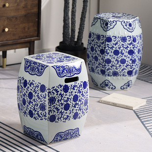 New Chinoiserie Blue and White Porcelain Classical Ceramic Drum Pier Ceramic Drum Stool Embroidered Pier Export Porcelain Stool European and American Style Shoe Changing Stool