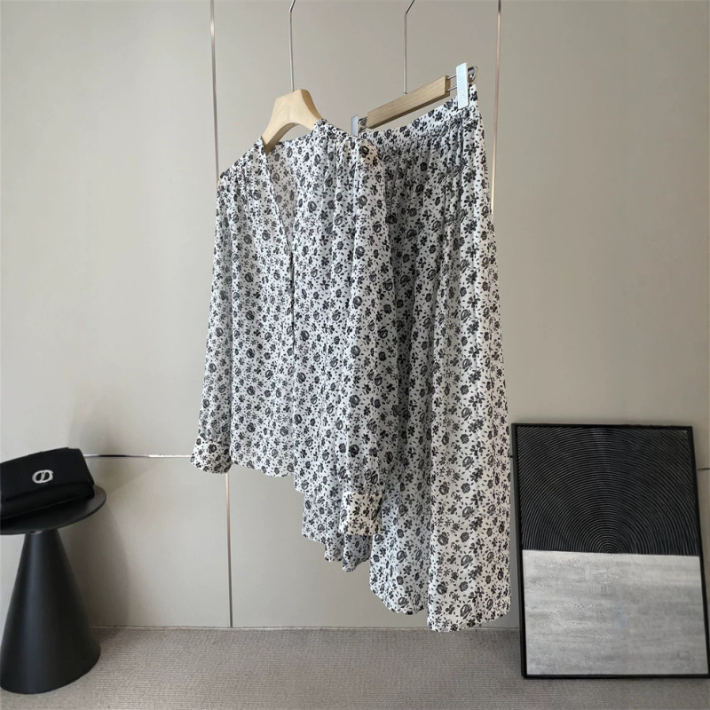Really Z!~Y Factory Material!!~~Ultra-Fine Silk Cotton Blend Printed Pleated Two-Piece Shirt Set