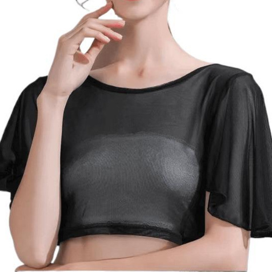 ラウンドネックハーフバットフライセクシーで多用途なフェイクカラーブラウストップ新しい女性の春夏の妖精シースルーメッシュ|undefined