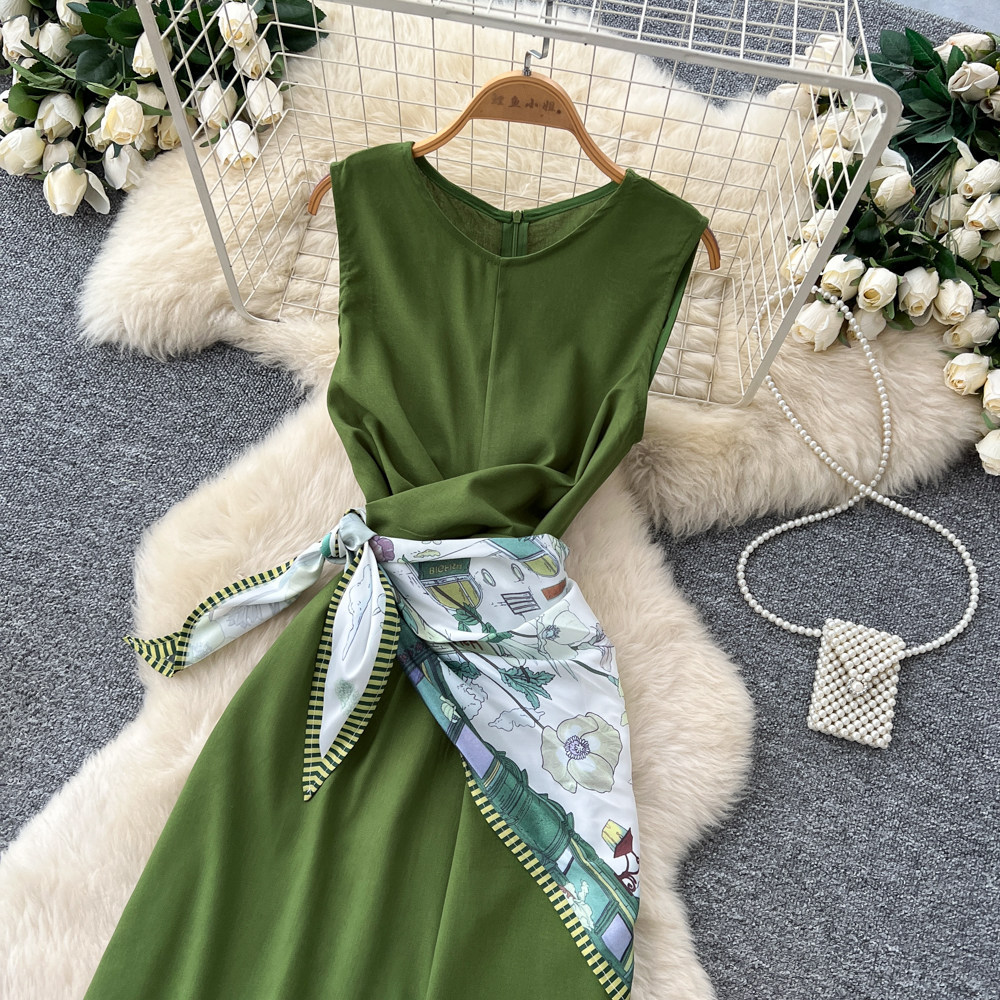 Elegant Sleeveless Round Neck Dress Style Summer Asymmetrical Long Dress With Scarf And Slit Sophisticated Tie Waist For Commuting_ecoleips.com