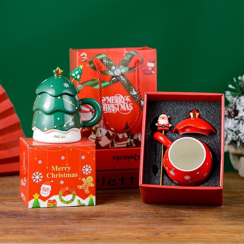 Taza navideña creativa, taza de cerámica con tapa y cuchara, taza para beber, taza de alta gama, taza de gran capacidad con diseño de árbol de Navidad