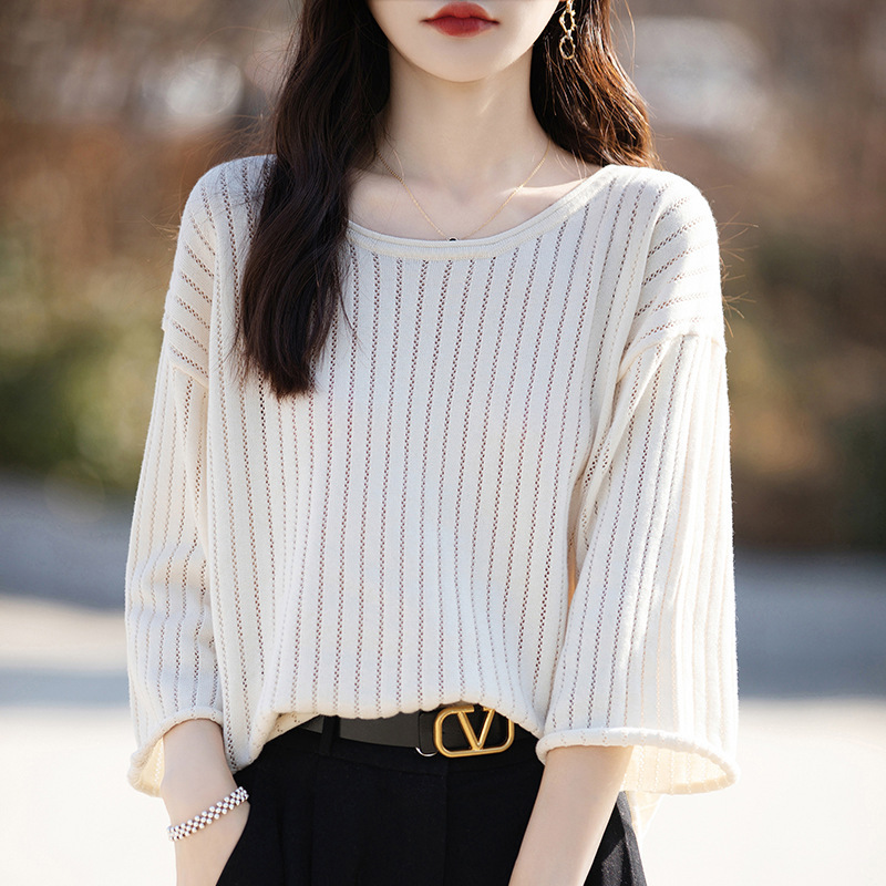 Spring and summer women's short sleeve full solid color knitwear cotton and linen half sleeve women's T-shirt women's round neck vest hollow out foreign trade Wholesale