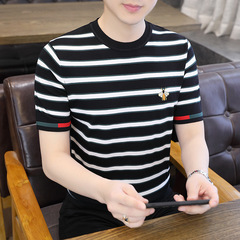 2025新型縞氷糸半袖tシャツ男夏薄金修身丸襟男男小蜂ラベル半袖
