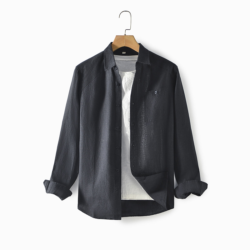 2024 primavera nuevos hombres de lino DE LA SOLAPA floja camisa de lino casual Camisa de manga larga de lino E007