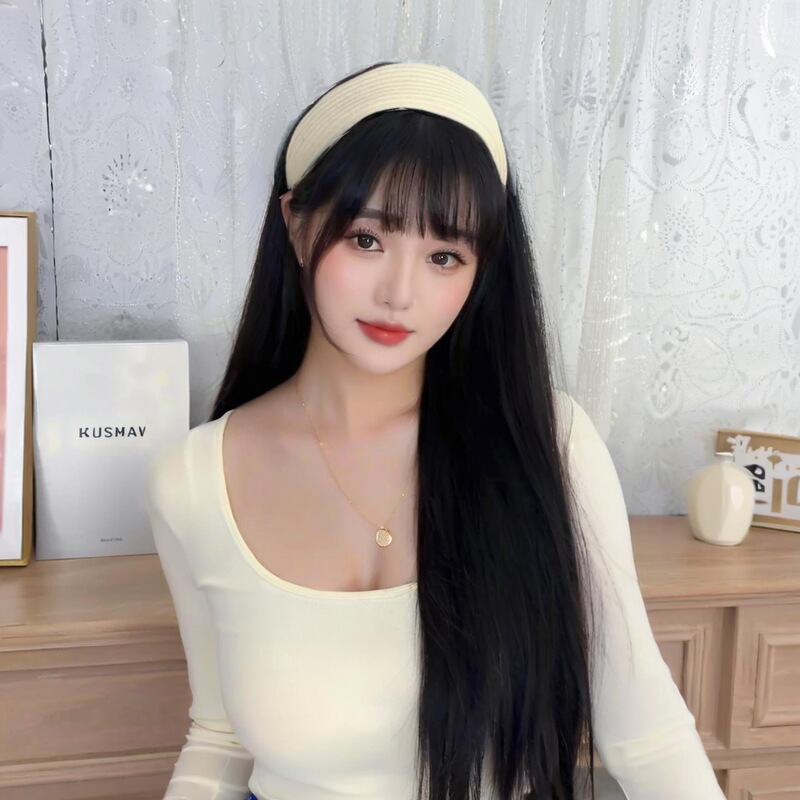 Shake shop new knitted hairband wig one Korean royal elder sister black long straight U-shaped half head cover in stock a generation of hair