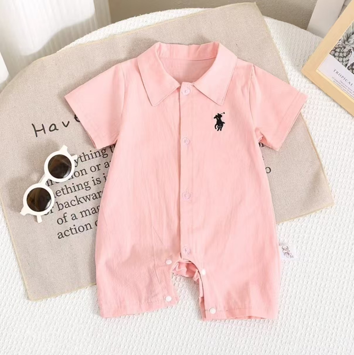 Embroidered Horse Half Sleeve One-piece Pink