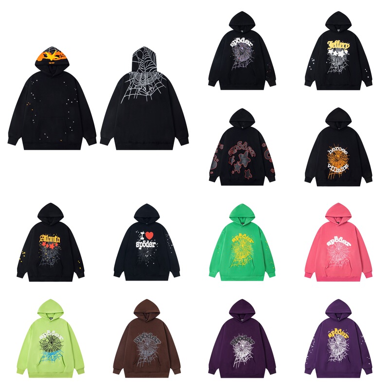 Sp5Der Spider Web Foam Printed Velvet Hoodie American Trendyy Hip-Hop Loose Hooded Sweatshirt Jacket for Men and Women