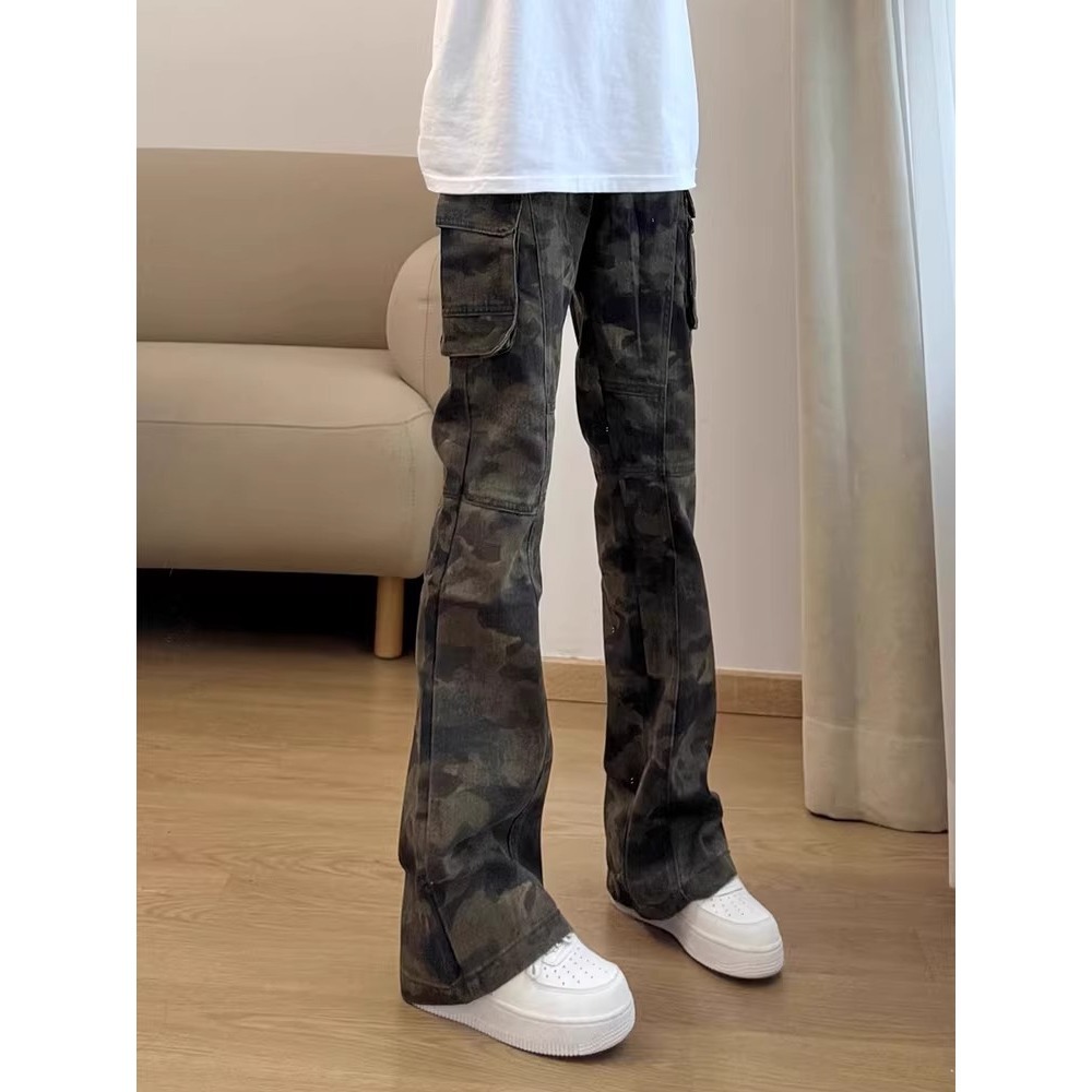Primavera y verano Chao Gao Street multi-bolsillo pantalones casuales pareja hombre suelto jeans de camuflaje de trabajo retro pantalones de micro-escalado