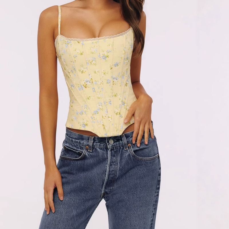 House Same Style Cross-Border French Fresh Retro Sweet and Spicy Floral Lace Trim Tie-Waist Camisole Top House Same Style Cross-Border French Fresh Retro Sweet and Spicy Floral Lace Trim Tie-Waist Camisole Top