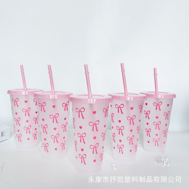 夏季爆款pp材质便携透明蝴蝶结爱心塑料吸管杯710ml大容量可logo|undefined
