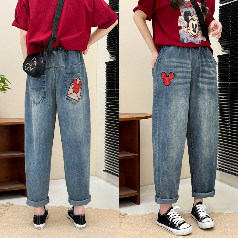 文学レトロ花刺繍ストレッチジーンズ女性の春夏の新しいルーズプラスサイズスリム多用途ハーレムパンツ|undefined