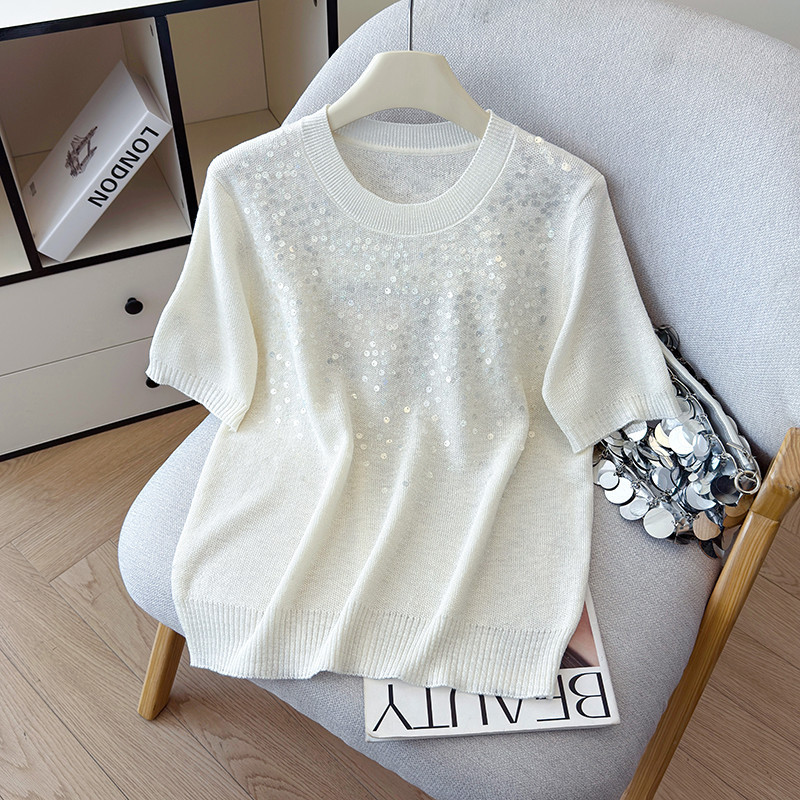 2026 Summer New Fashion Versatile Round Neck Loose Sequin Embroidered Ice Silk T-Shirt Tencel Linen Knit Top for Women 2026 Summer New Fashion Versatile Round Neck Loose Sequin Embroidered Ice Silk T-Shirt Tencel Linen Knit Top for Women