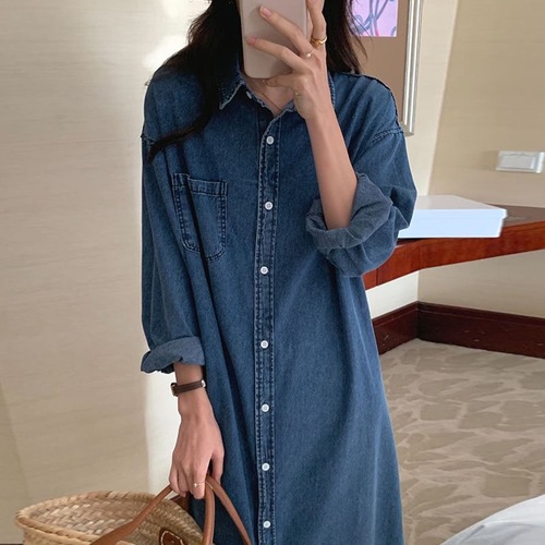 Korean chic autumn simple stand-up collar single-breasted loose shirt dress casual long-length long-sleeved denim dress for women