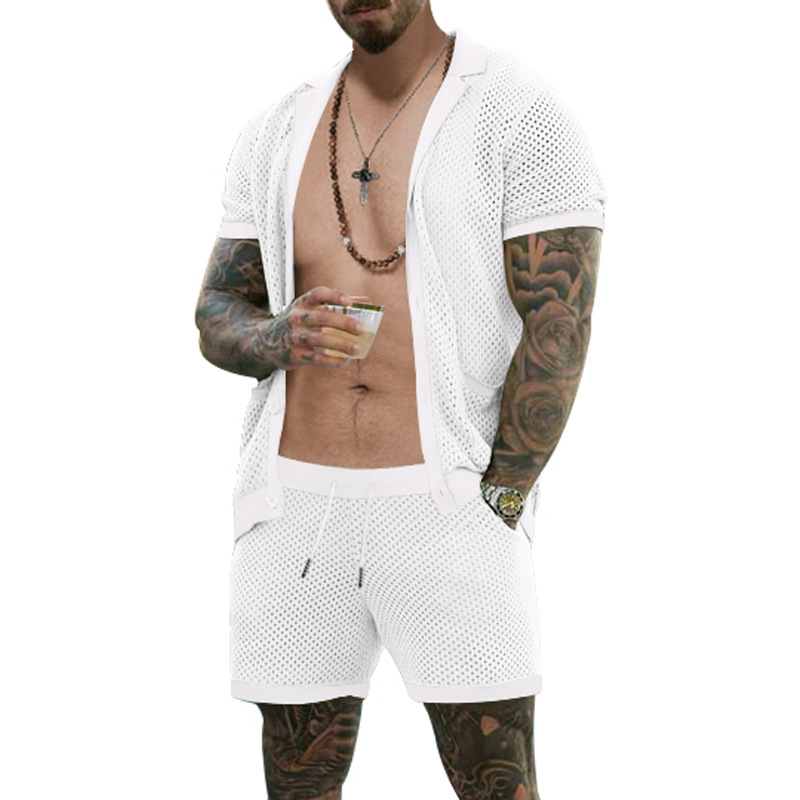 2024 Amazon traje de pantalones cortos de manga corta para hombre rebeca de solapa de tela de agujero frío traje de dos piezas de verano para hombre