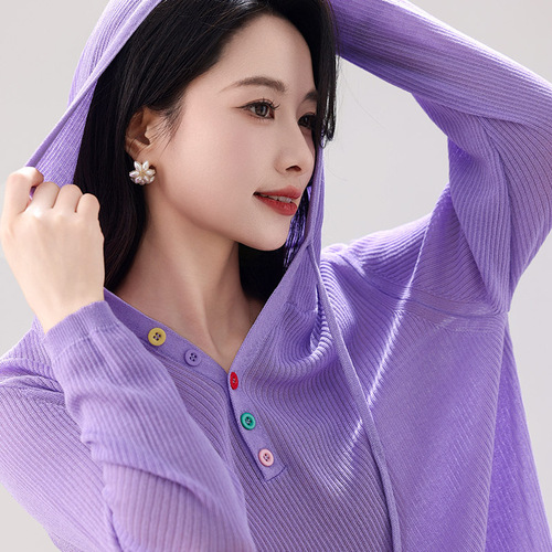 Spring and Summer 2025 New Hooded Knit Cardigan Half-Open Color Button Long-Sleeved Solid Color Striped Loose Base Layer Top