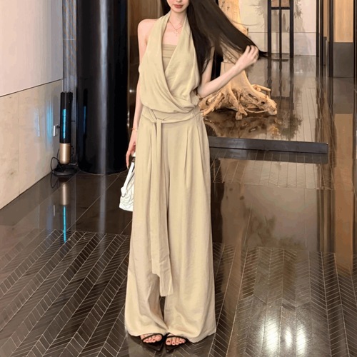 New Style Set French Vintage Apricot Halter Top Women's Summer Loose Tie Wide Leg Pants Casual Pants Two-Piece Set 