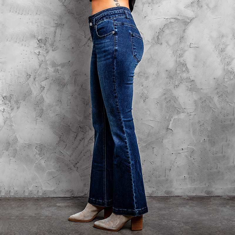 时颖跨境欧美牛仔裤女亚马逊新款拉链口袋深蓝色高腰女士牛仔裤