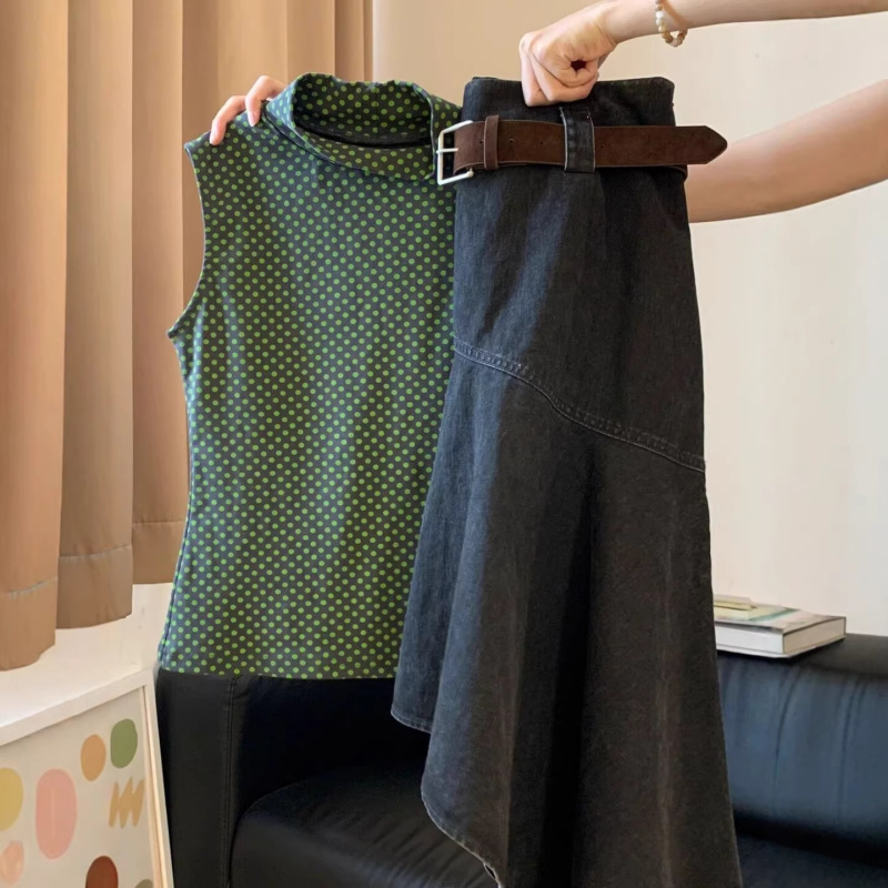 Women's Suit 2026 Summer New Korean Style Half-High Collar Polka Dot Sleeveless Vest Top High-Waisted Slimming Skirt Trendy