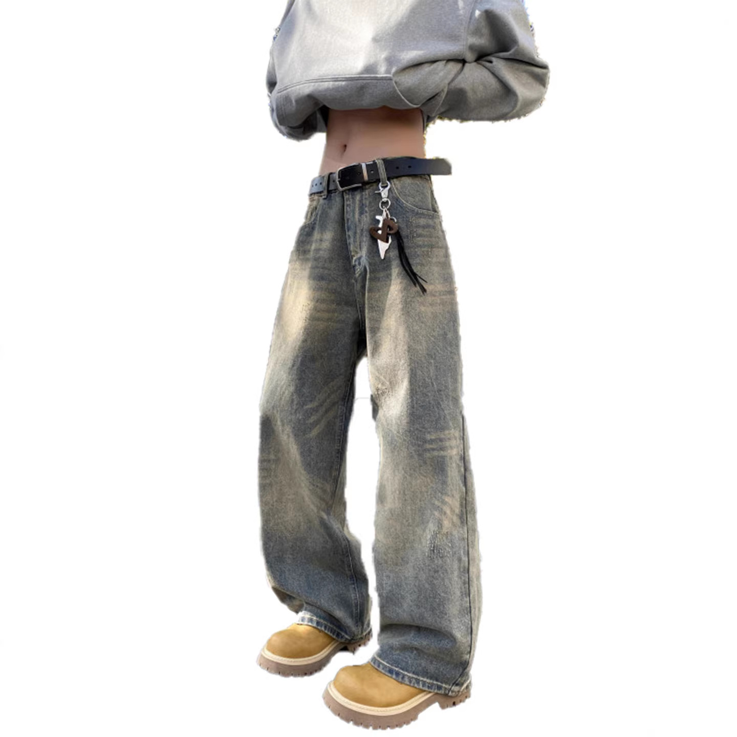Men's Retro Distressed Cement Yellow Wide Leg Jeans High Waisted Loose Fit Slimming Straight Leg Jeans New Style Machine Washable_mkmklike.com