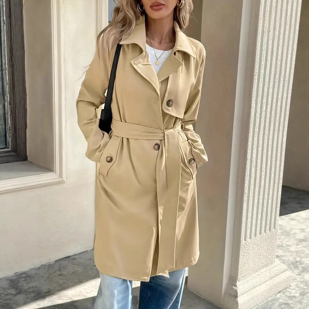 European and American Cross-Border Foreign Trade Women's Clothing, Elegant Casual Waist-Cinching Tie Single-Breasted Pocket Long Trench Coat Jacket