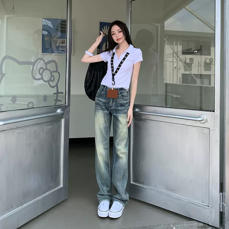 2025新款复古水洗直筒牛仔裤女美式折痕磨白宽松阔腿百搭拖地裤子
