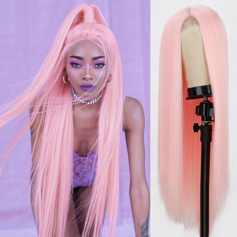 Amazon Cross-border New European and American Fashion Color Long Straight Wig Mid-front Lace Wig Full Head Cover
