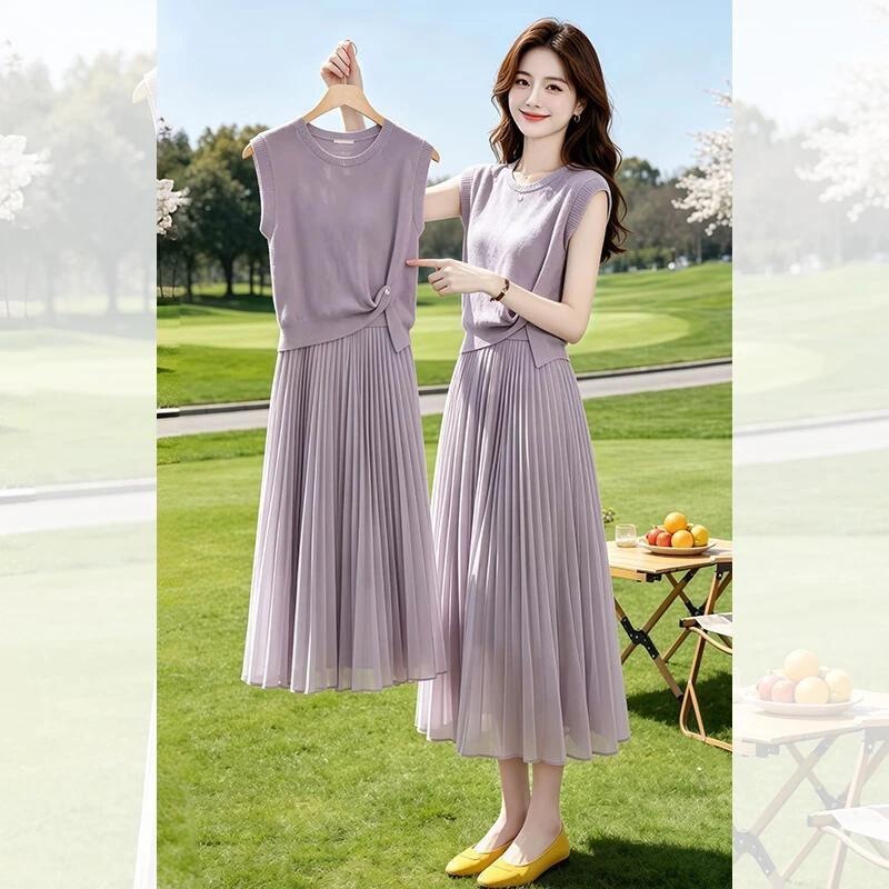 Light Purple Knitted Sleeveless Top and Skirt Set for Women, Summer 2026 New Style, Gentle and Beautiful Two-Piece Set Light Purple Knitted Sleeveless Top and Skirt Set for Women, Summer 2026 New Style, Gentle and Beautiful Two-Piece Set