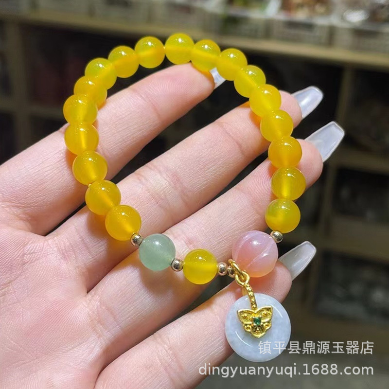 天然黃瑪瑙手鍊鹽源瑪瑙南瓜珠黃玉髓手串黃色平安扣手飾手串禮品