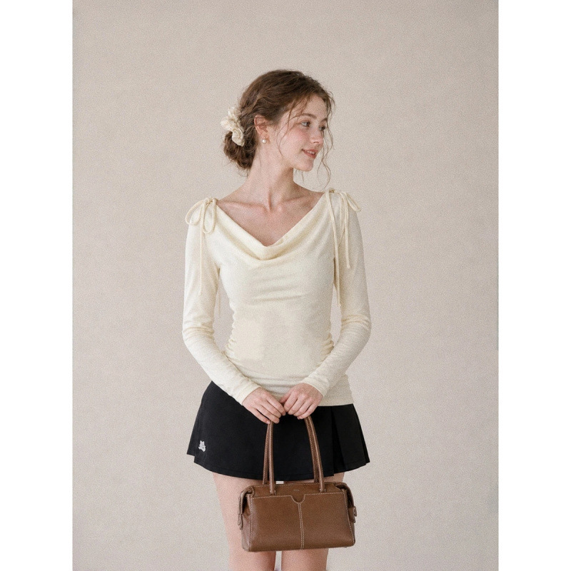 Autumn new French-style, pure and elegant, off-the-shoulder T-shirt for women, slim-fit, with shoulder ties, cashmere blend, long-sleeved top Autumn new French-style, pure and elegant, off-the-shoulder T-shirt for women, slim-fit, with shoulder ties, cashmere blend, long-sleeved top