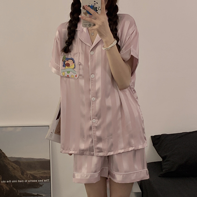 2025 夏の新ホットスタイルアイスシルク半袖漫画カジュアルカップル女性のツーピースホーム服セットアウターウェア|undefined