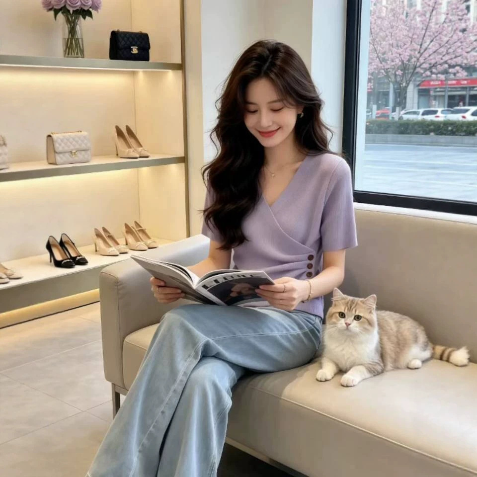 Áo thun nữ cổ chữ V phối chéo, tay ngắn, dáng suông, chất liệu len mỏng mùa hè — màu tím chi tiết 3