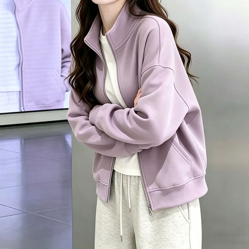 2026 Spring/Summer New Style Casual Loose Stand Collar Zipper Sweatshirt Short Jacket for Women Versatile Casual Cardigan Top 2026 Spring/Summer New Style Casual Loose Stand Collar Zipper Sweatshirt Short Jacket for Women Versatile Casual Cardigan Top