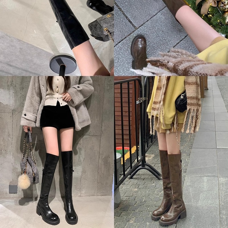 现货~葡萄妈同款 新款马皮圆头显瘦百搭厚底粗跟过膝长靴女秋冬|undefined