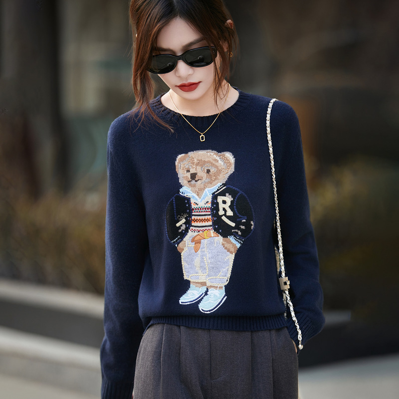 Korean-Style Bear Embroidery Wool Knit Sweater for Women 2025 New French High-End Thickened Warm Base Sweater Age-Reducing Sweater