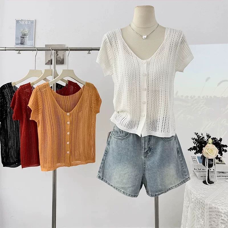 Summer knitted sweater, V-neckline, high-quality style