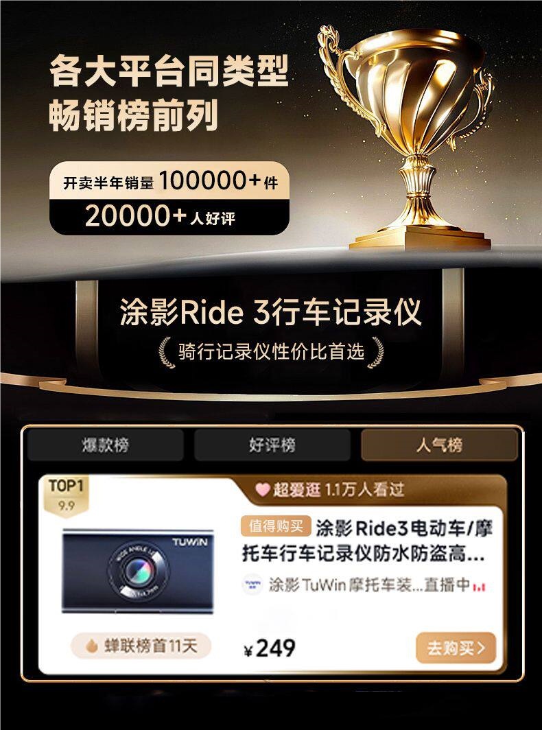 Tuying Ride3 Electric Vehicle Dashcam, High-Definition Waterproof Motorcycle Recorder, Loop Recording, Dedicated for Riding