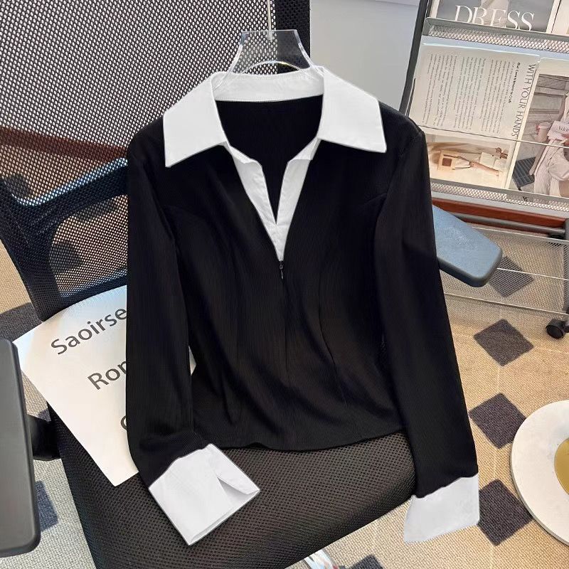 Fake Two-Piece V-Neck T-Shirt Women's Long-Sleeved 2025 New Popular Small Polo Collar Autum Top Design Shirt Fake Two-Piece V-Neck T-Shirt Women's Long-Sleeved 2025 New Popular Small Polo Collar Autum Top Design Shirt