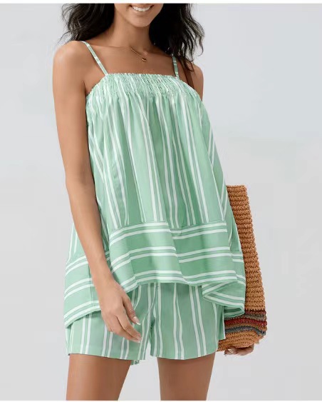 409g Weight Sleeveless Sleeve Length Polyester Fabric Type Shorts Co-ord Set Sets Type 2 Pieces Set Quantity Holiday Occasion Strap Neckline Loose Fit Type Stripe Pattern Summer Season Women's Gender Printing, Pocket Design Streetwear Style Holiday Women's Streetwear Stripe Polyester Printing Pocket Shorts Co-ord Set Shorts Sets 10