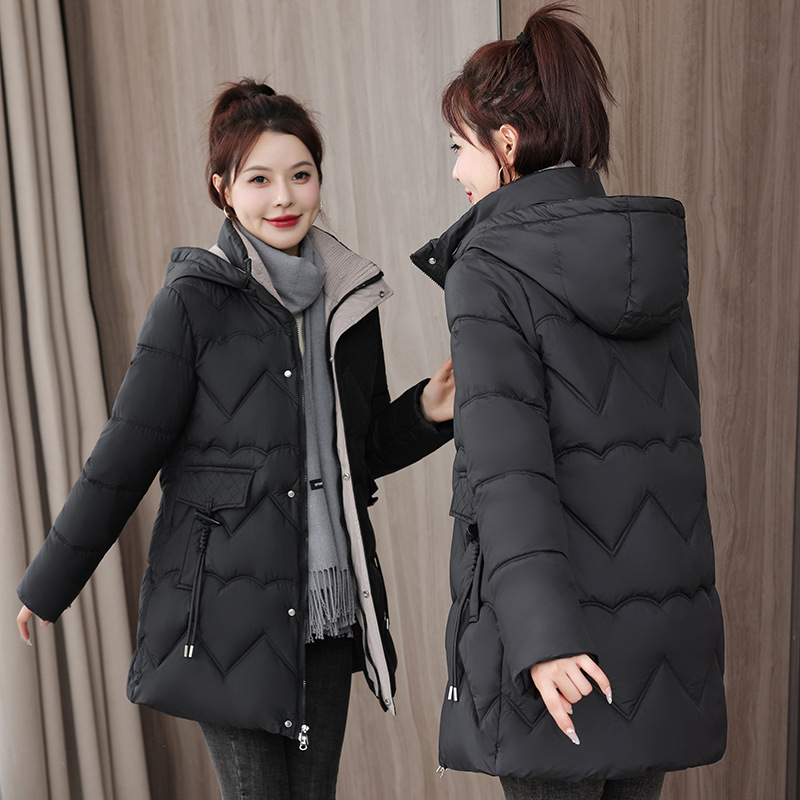 Nuevo abrigo de algodón de pluma para mujeres largo estilo coreano suelto abrigo de algodón delgado chaqueta de algodón encapuchada de tamaño grande abrigo grueso invierno