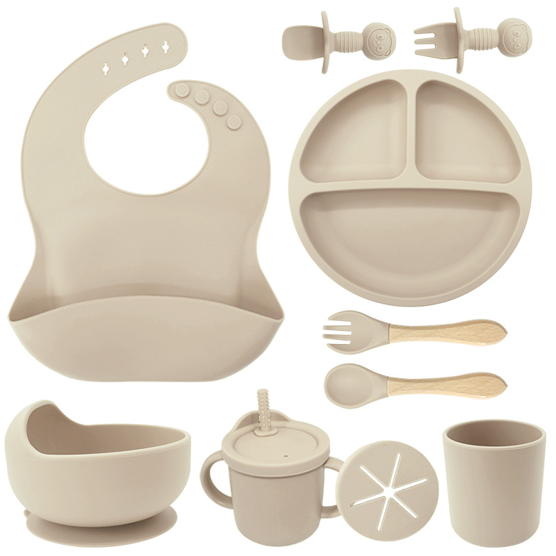 Juego de vajilla de silicona para niños Tazón de alimentación de grado alimenticio para bebés Taza de pajita molar para bebé