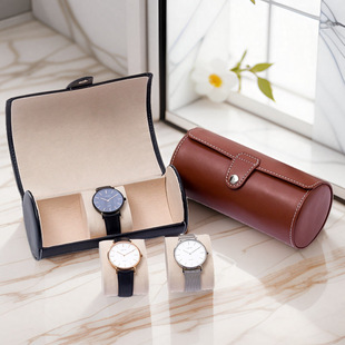 Free Shipping Pu Leather Round Snap Travel Portable Sports Watch Storage Box Jewelry Gift Box 3-Digit Watch Box
