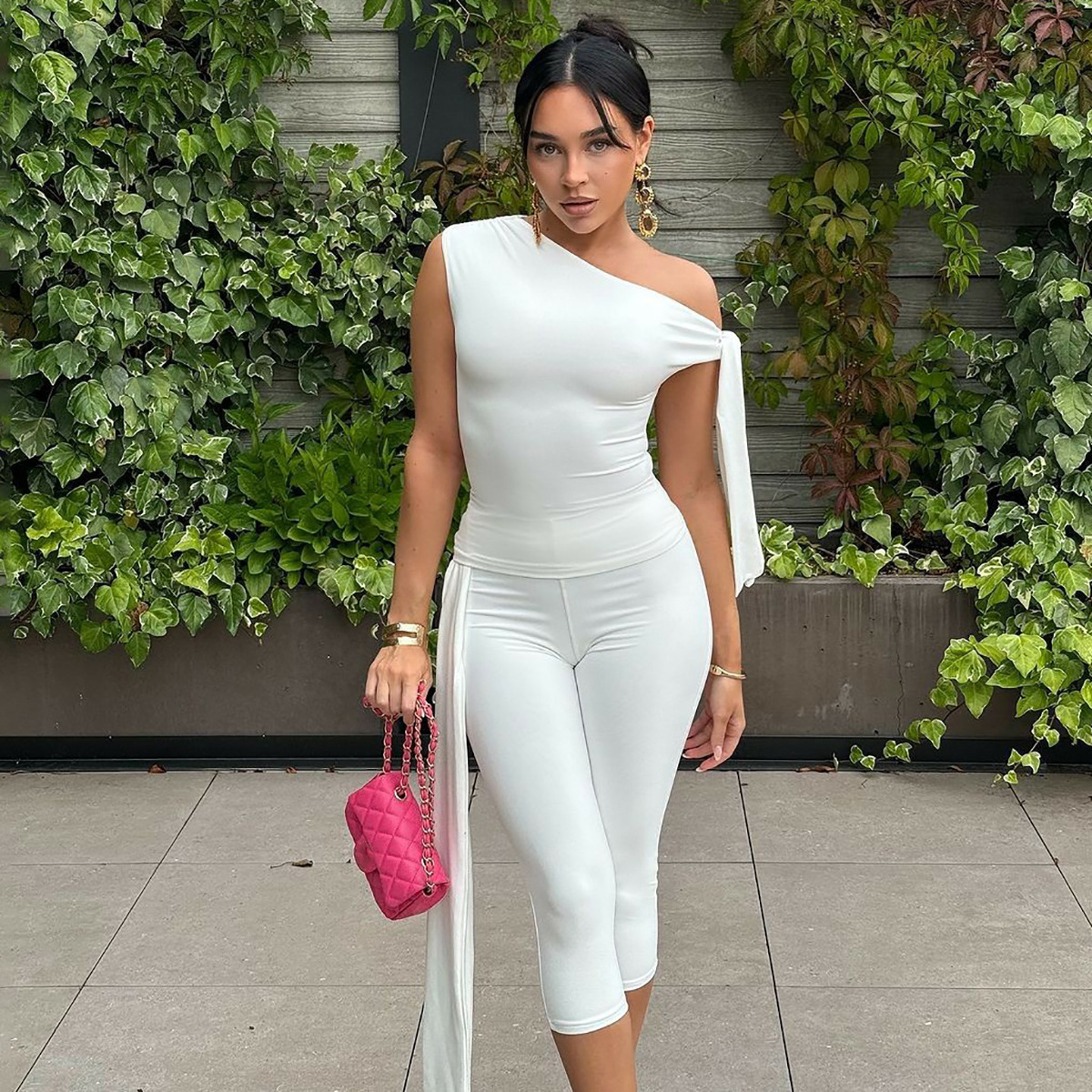 2025 Summer New Fashion Street Style Asymmetrical Neck Sleeveless Top Slim Fit Tie Shorts Set Wholesale_ecoleips.com