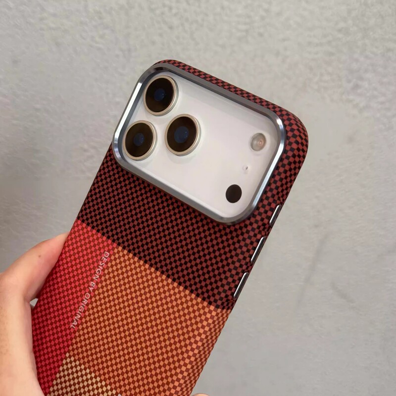 适用iPhone17promax拼色格纹磁吸手机壳凯夫拉纹苹果16超薄PC护套|undefined