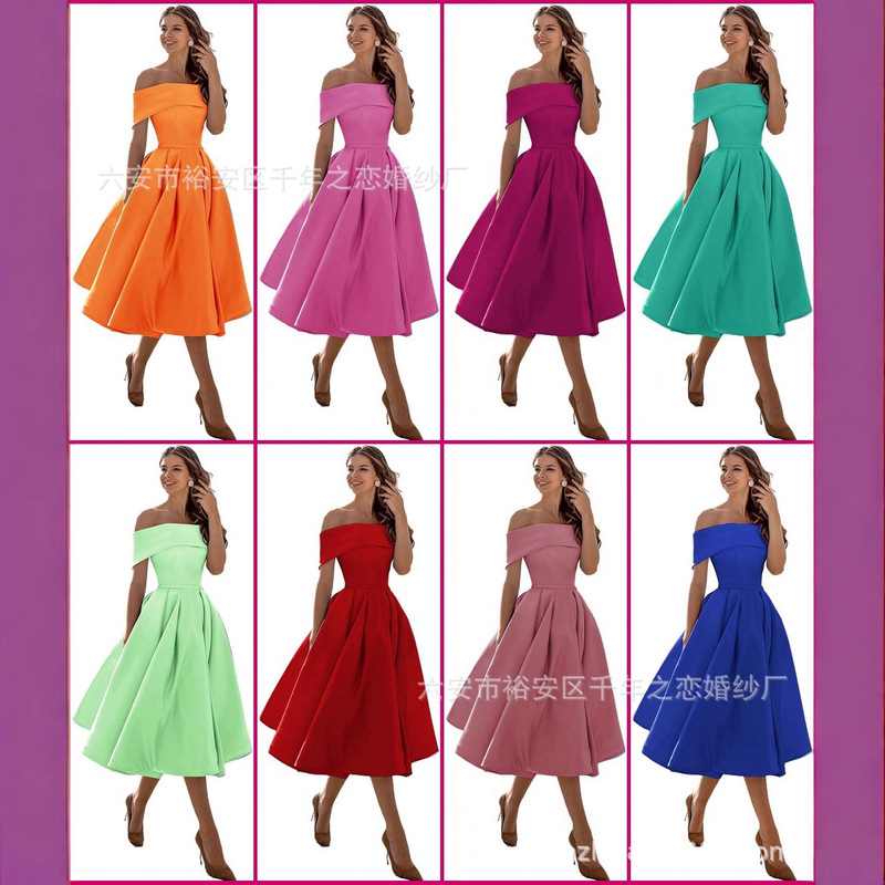 2025 Wholesale Women's Off-Shoulder Bridesmaid Dresses Short Satin A-Line Party Formal Gown Dress Wholesale